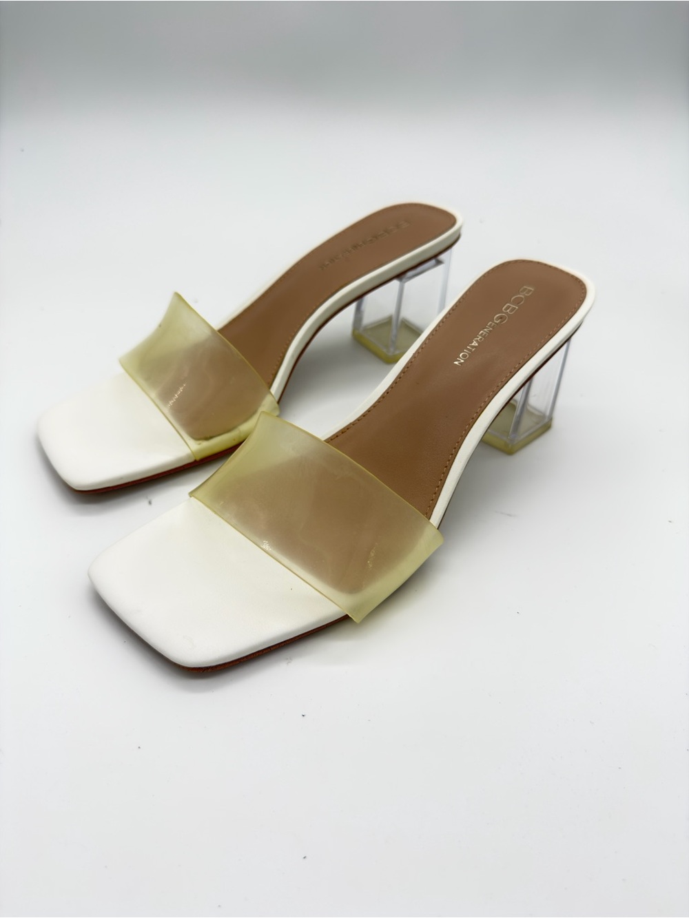 BCBG White Mules with Yellow Translucent Strap and Clear Block Heel